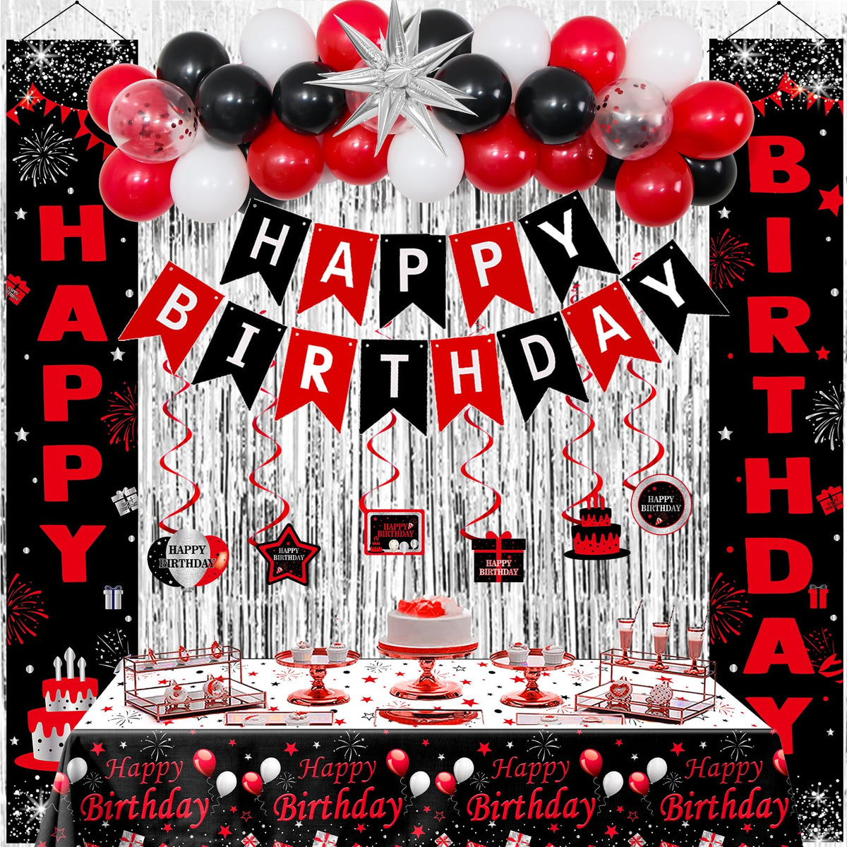 Distasio red and black birthday banner enhances party entrances and photos.