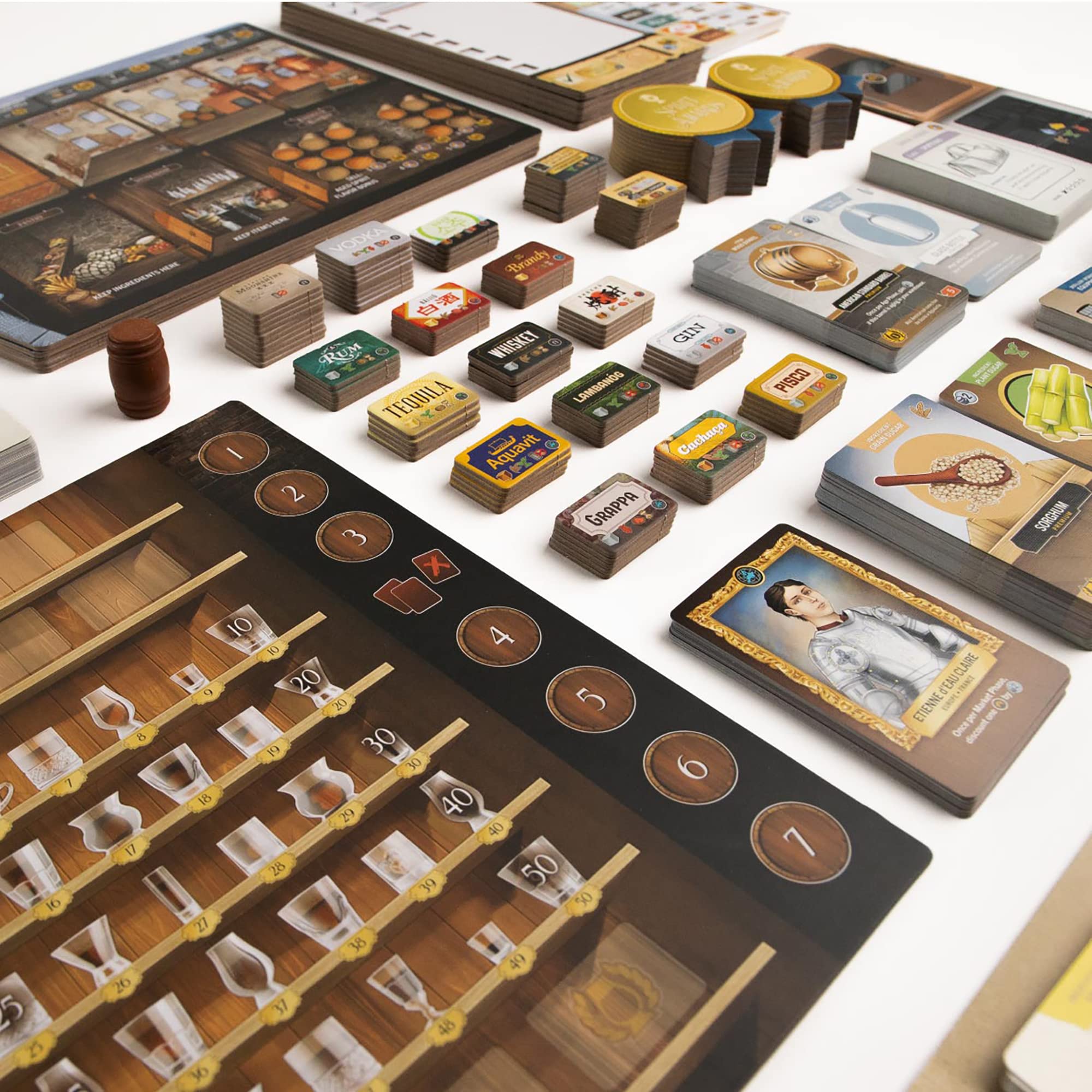 Distilled game play table illustrating tableau building and strategic planning.