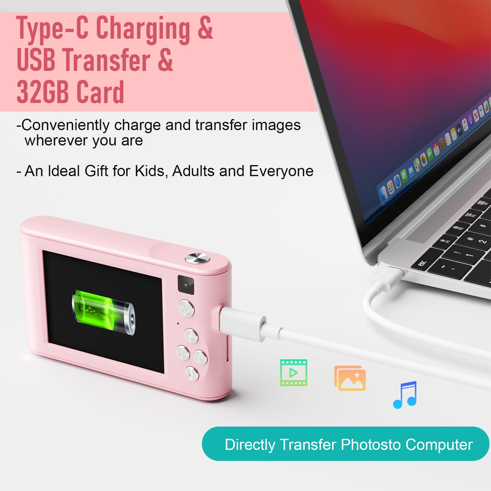 Diswoe Upgrade Kids Selfie Camera in-hand pink, easy to use for little creators