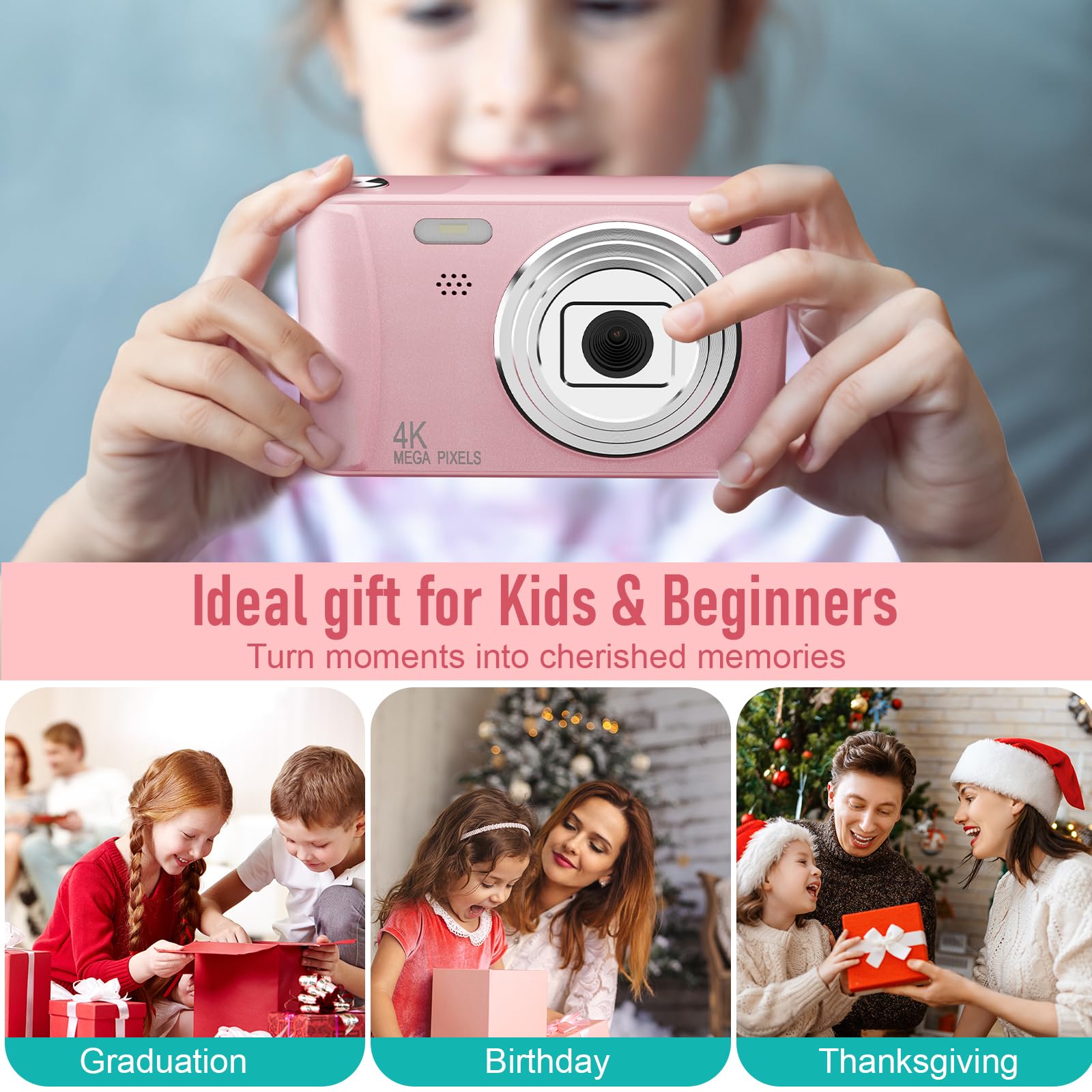 Diswoe Upgrade Kids Selfie Camera lanyard included pink, comfortable strap for adventures