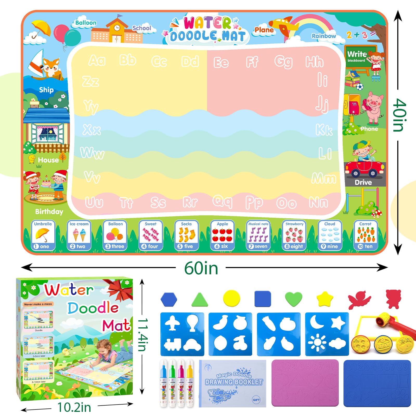 Diteryy water doodle mat 60x40 shapes and colors in action for kids.