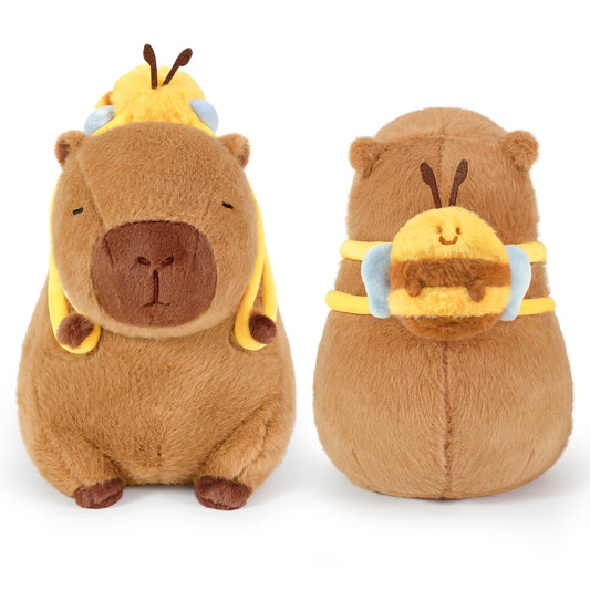 Ditucu capybara plush with bee backpack front view, soft and huggable 17-inch companion