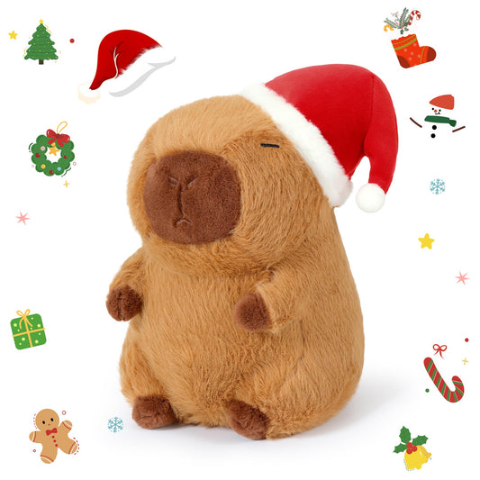 Ditucu Christmas Capybara Plush with Santa Hat in brown, perfect for festive cuddles.