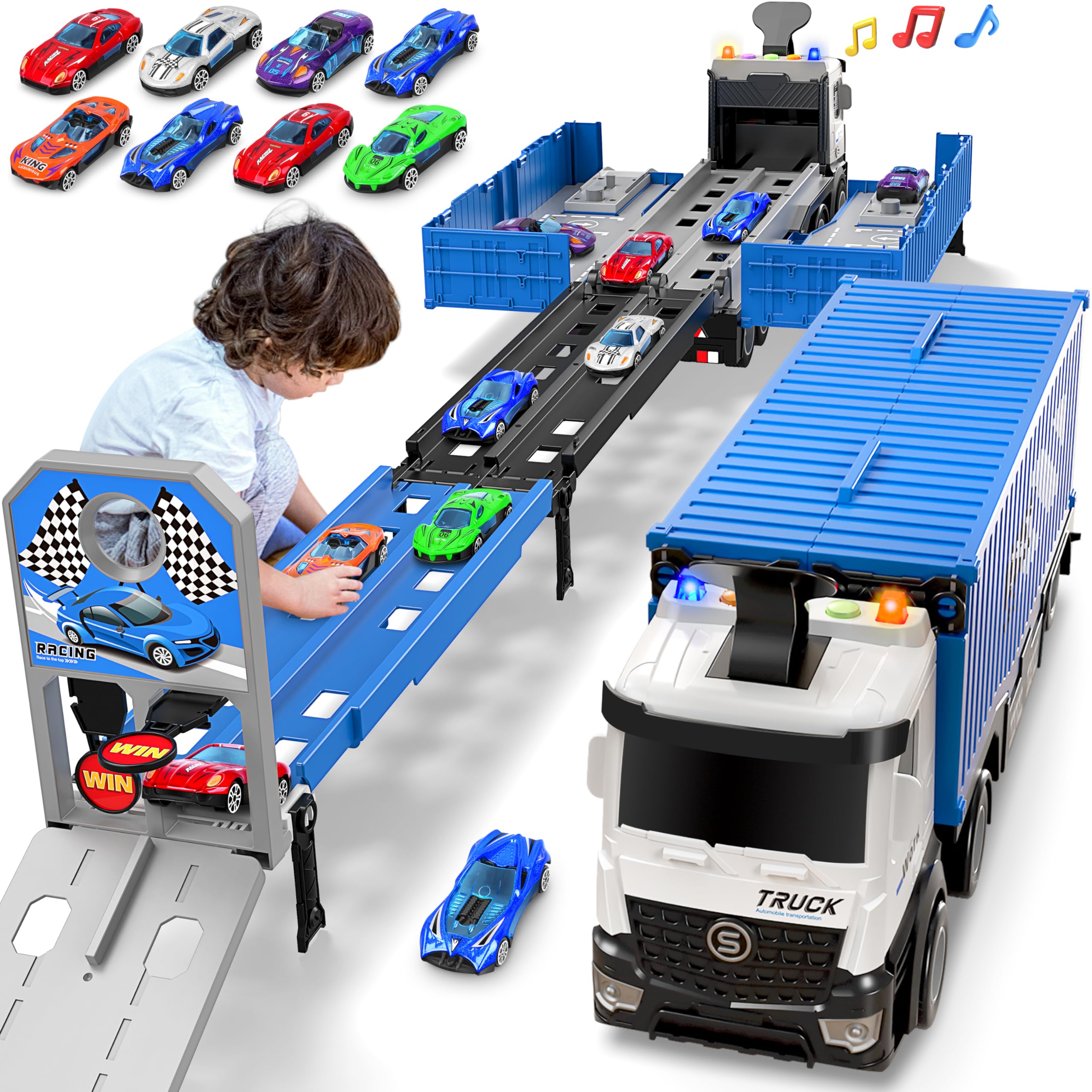 Diuerma carrier truck race track with foldable 3-layer design for kids' playtime.