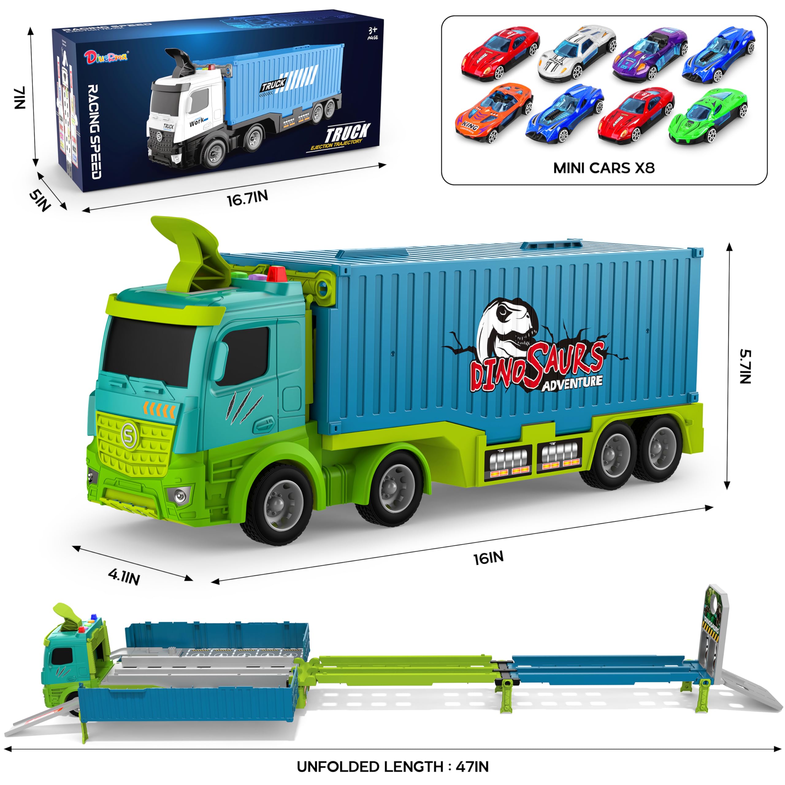 Diuerma dinosaur carrier truck set with 8 die-cast cars