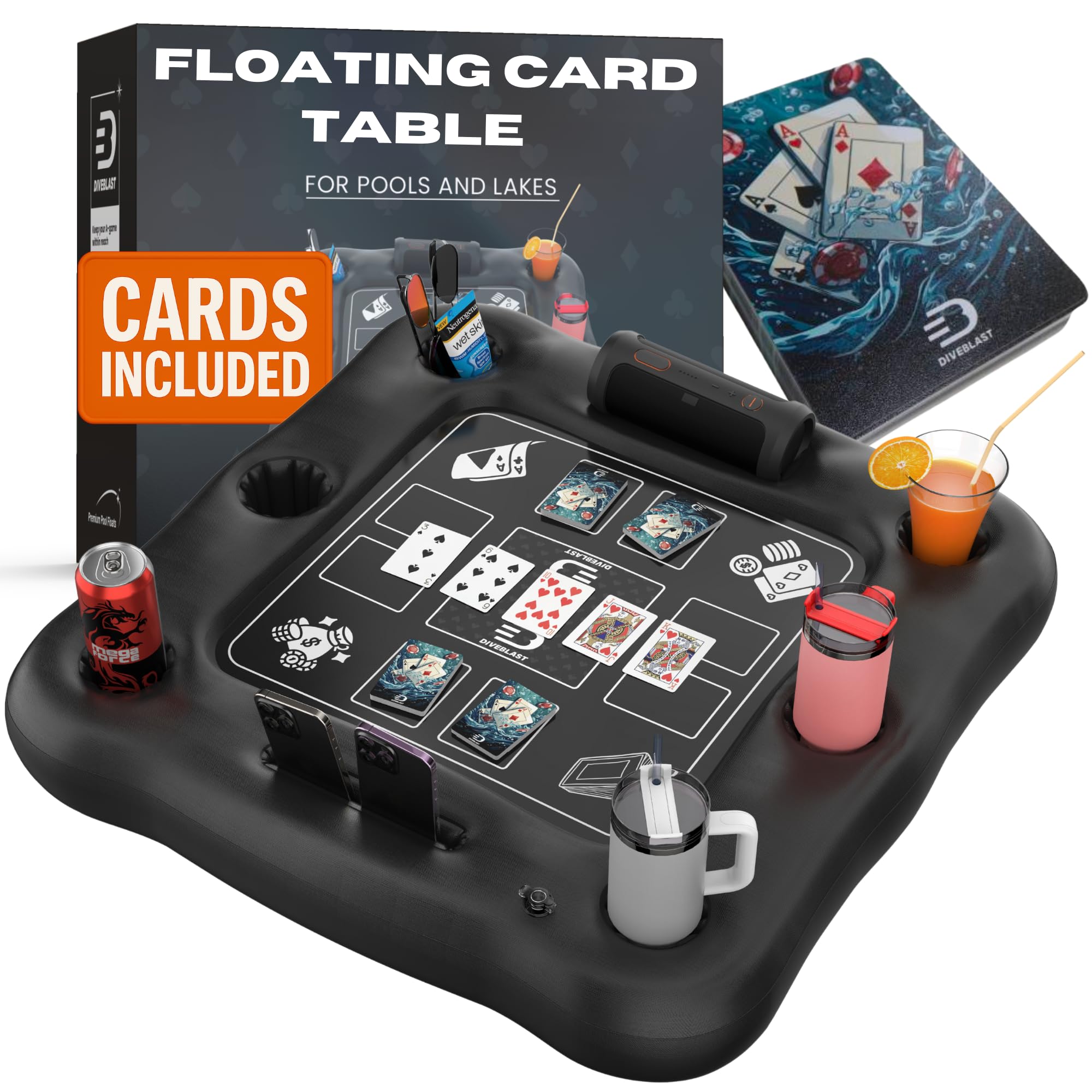 DIVEBLAST floating table in pool keeps drinks secure and reachable.