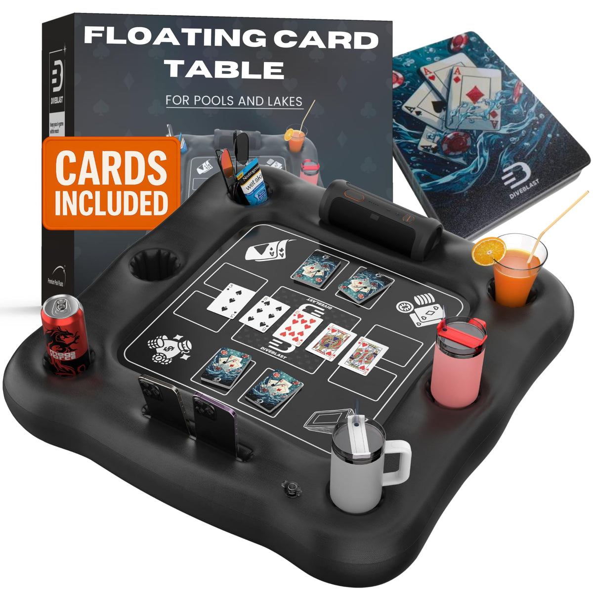 DIVEBLAST floating table in pool keeps drinks secure and reachable.