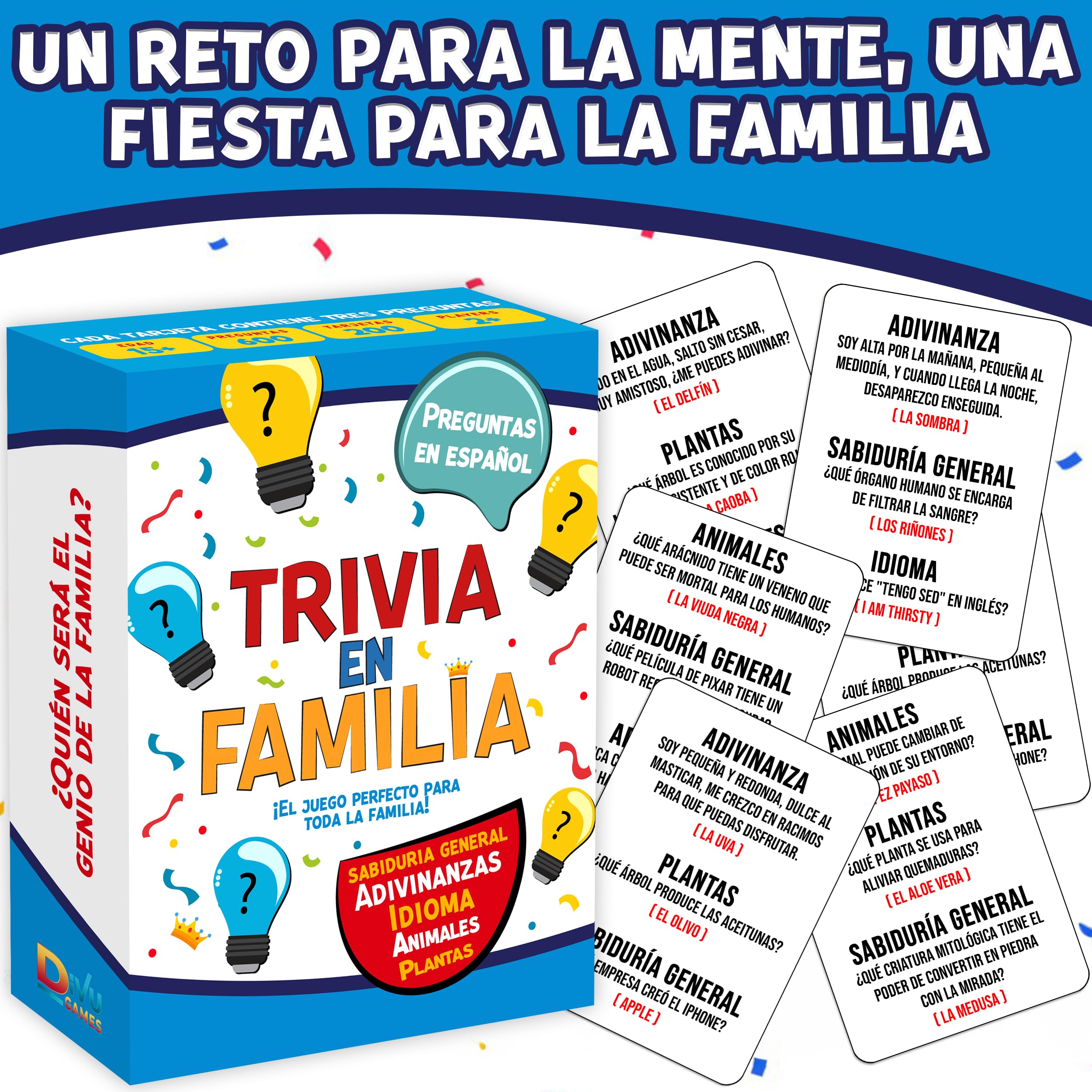 Closeup of the DiVU Games Family card deck showing Spanish questions for learning.