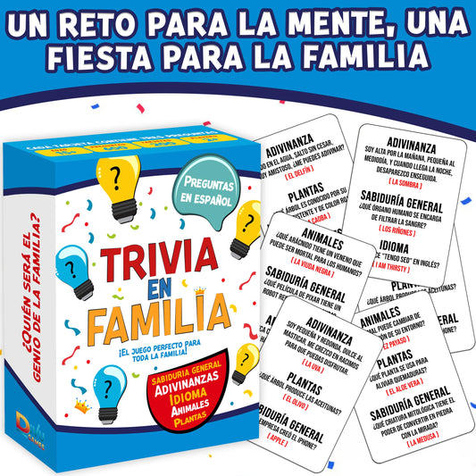 Closeup of the DiVU Games Family card deck showing Spanish questions for learning.
