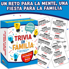 Closeup of the DiVU Games Family card deck showing Spanish questions for learning.