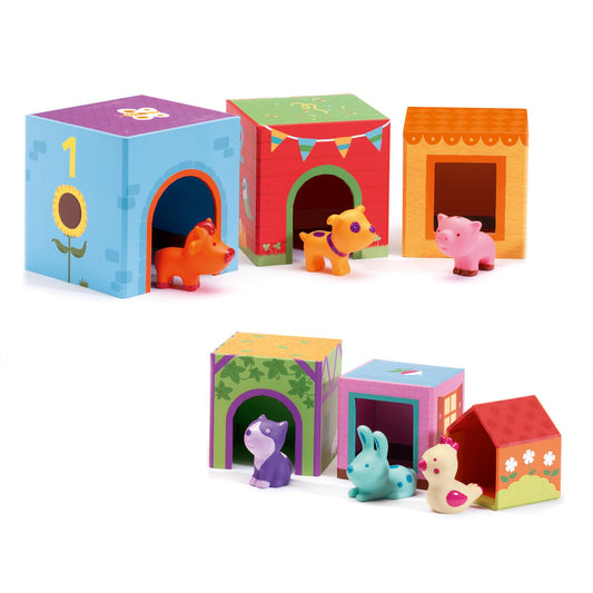 DJECO Topanifarm Blocks farm tower shows stacking for fine motor development.
