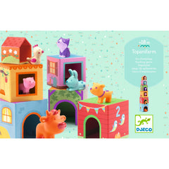 DJECO Topanifarm Blocks peekaboo play with animals encourages interaction.