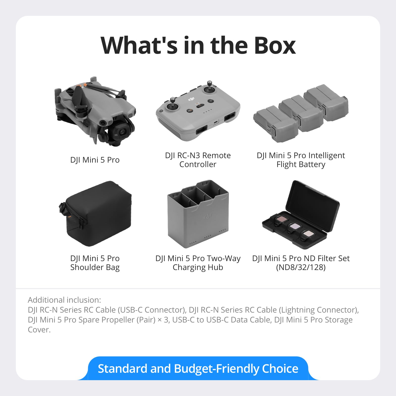 DJI Mini 5 Pro with RC-N3 remote and three batteries for extended shoots.