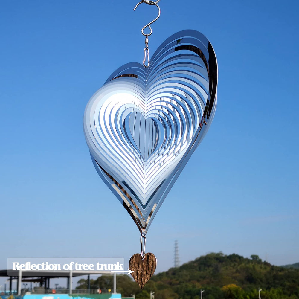 DJUAN heart-shaped wind spinner with mirror surface deters birds in gardens.