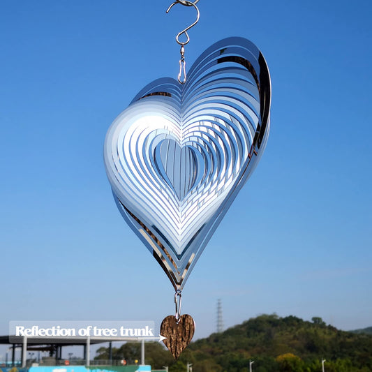DJUAN heart-shaped wind spinner with mirror surface deters birds in gardens.
