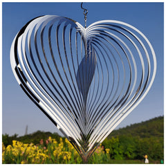 DJUAN silver heart wind spinner outdoors adds reflective motion to your garden.