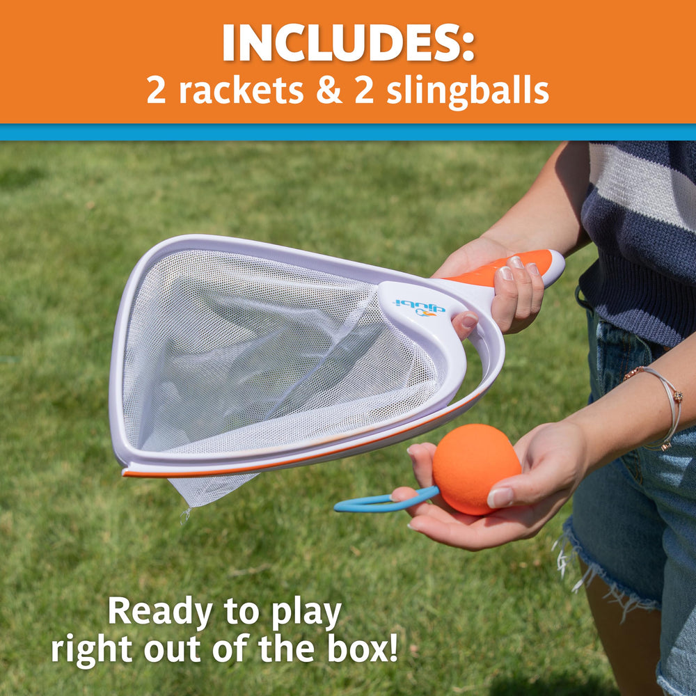 Djubi Slingball includes two rackets and two balls for versatile play.