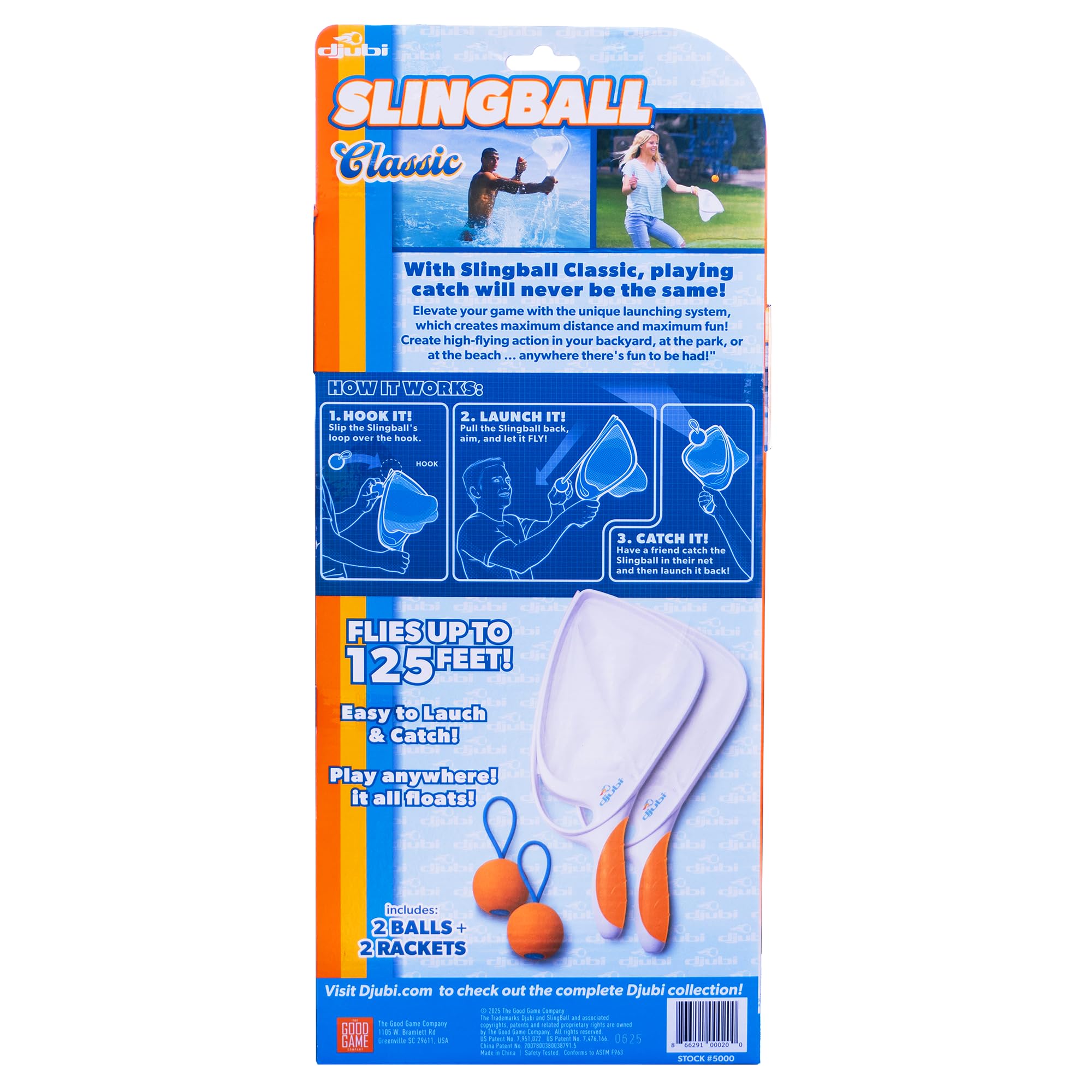 Djubi Slingball slingshot design enables long-range throws indoors or outdoors.