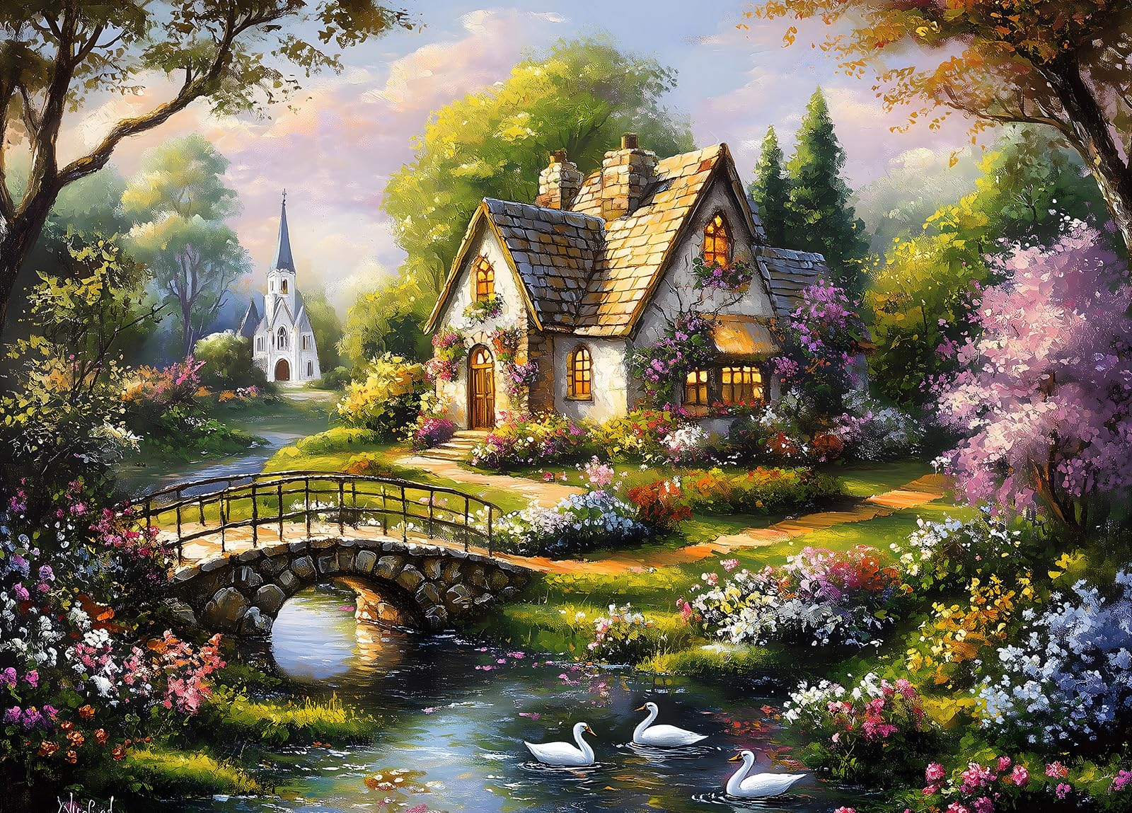 DKijoys Beautiful Cottage: garden and stream, a peaceful scene for mindful puzzle play.