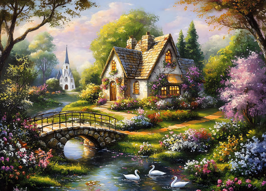 DKijoys Beautiful Cottage: garden and stream, a peaceful scene for mindful puzzle play.