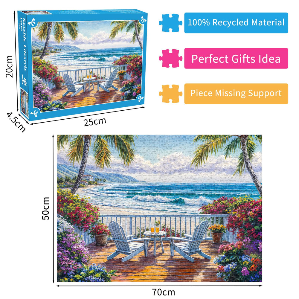 DKijoys colorful flowers beside the sea create a vibrant puzzle backdrop.