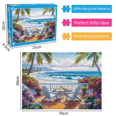 DKijoys colorful flowers beside the sea create a vibrant puzzle backdrop.