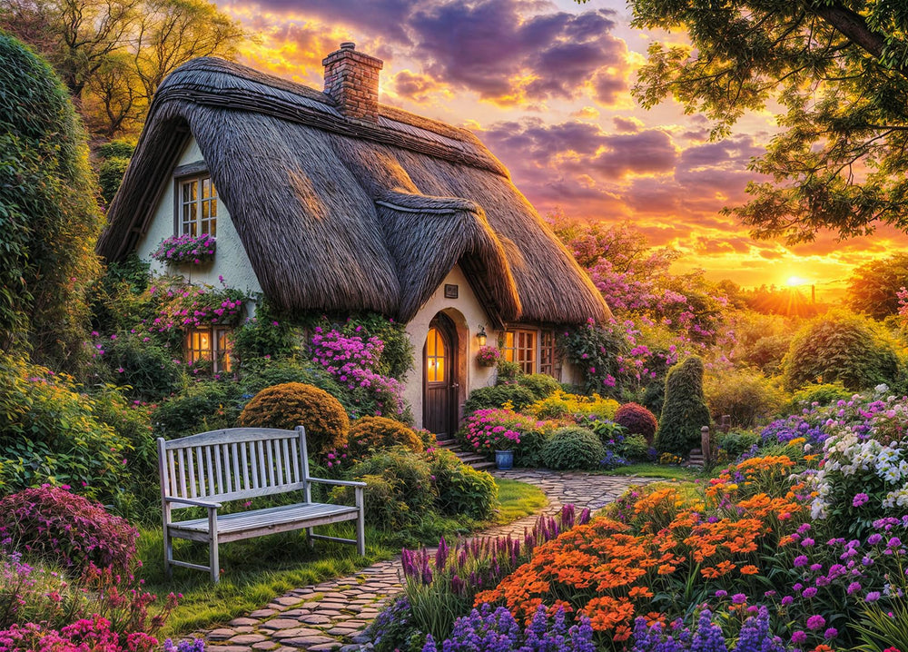 DKijoys Cottage Life 1000-piece puzzle featuring a cozy thatched cottage and vibrant garden for mindful focus.