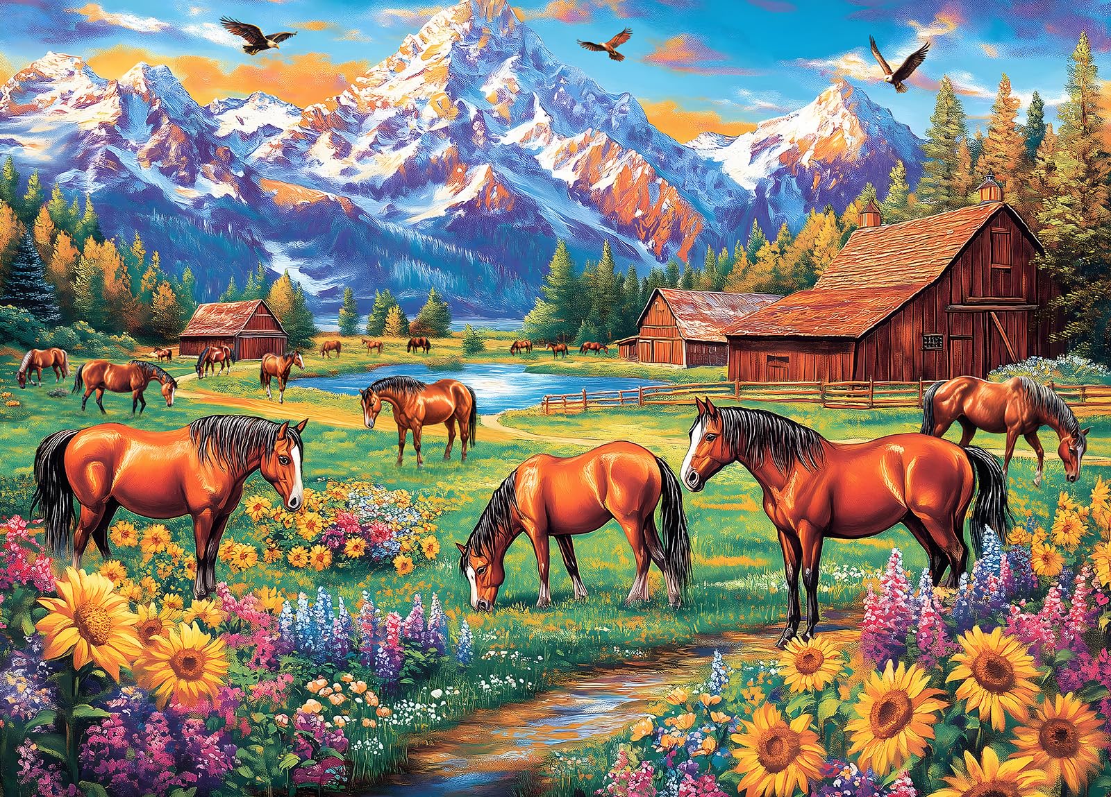 DKijoys Horse Ranch Meadow 1000-piece puzzle offering mindful evenings
