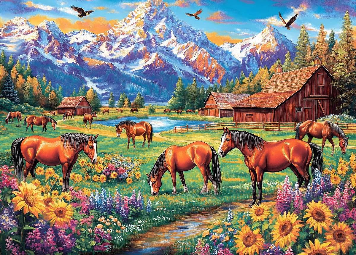DKijoys Horse Ranch Meadow 1000-piece puzzle offering mindful evenings