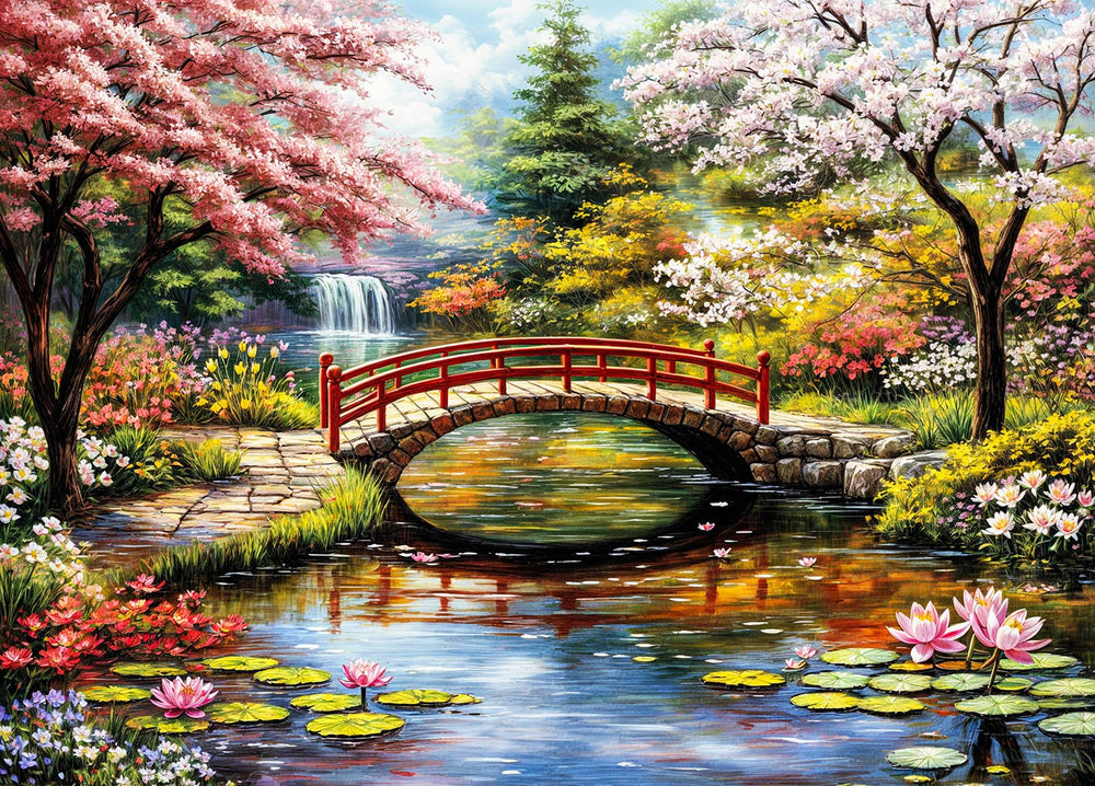 DKijoys Japanese Garden bridge over a tranquil pond supports mindful puzzling.