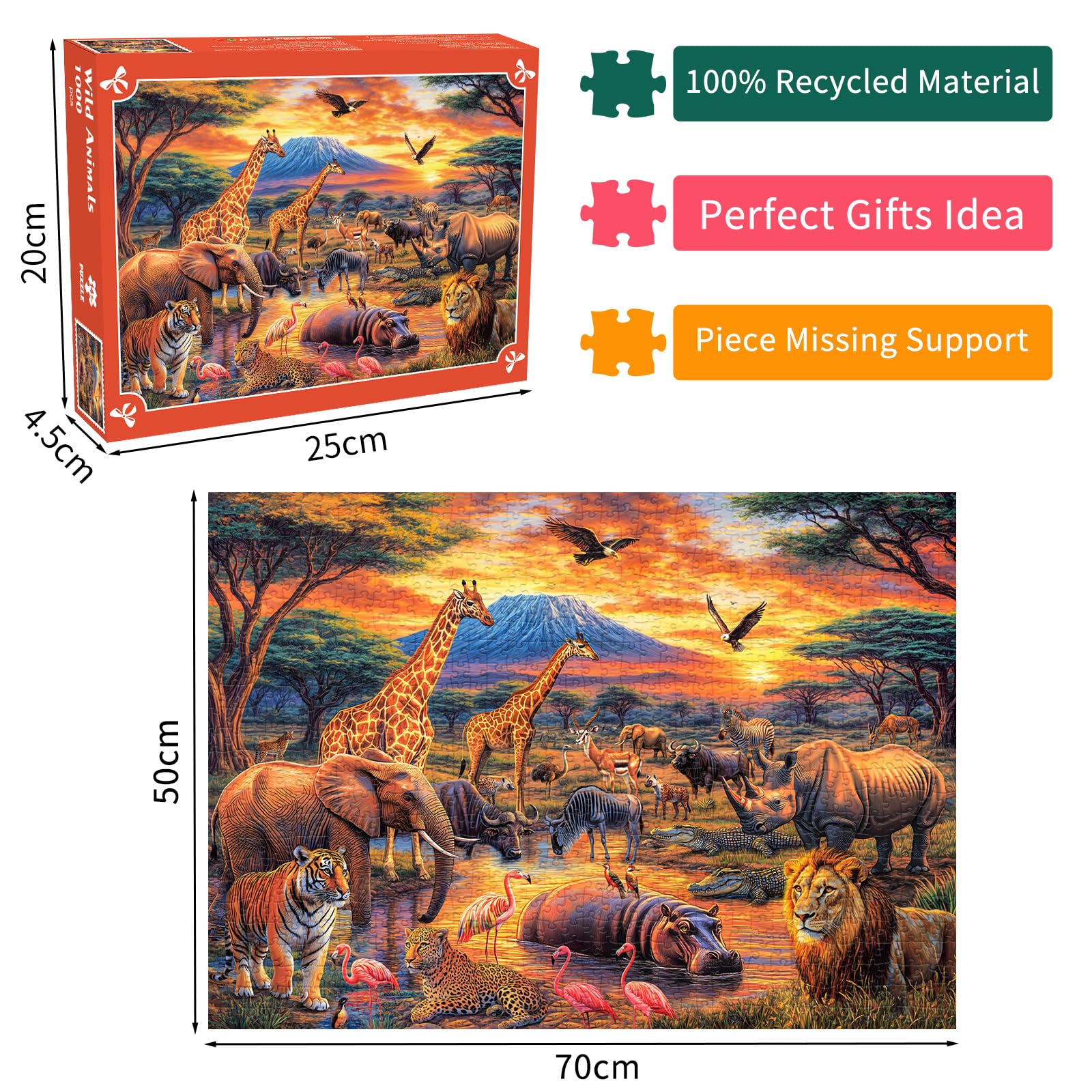 DKijoys Wild Animals lion-tiger-elephant scene promotes mindful focus during puzzling.