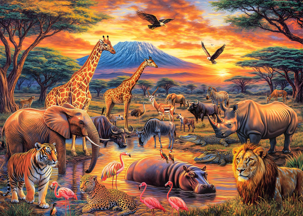 DKijoys Wild Animals waterhole sunset puzzle boosts focus and relaxation.
