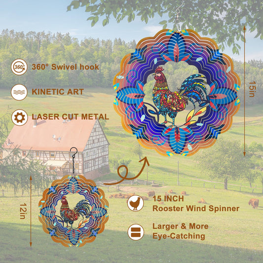 DKJOCKY Rooster wind spinner, side view, sturdy metal art for windy patios.