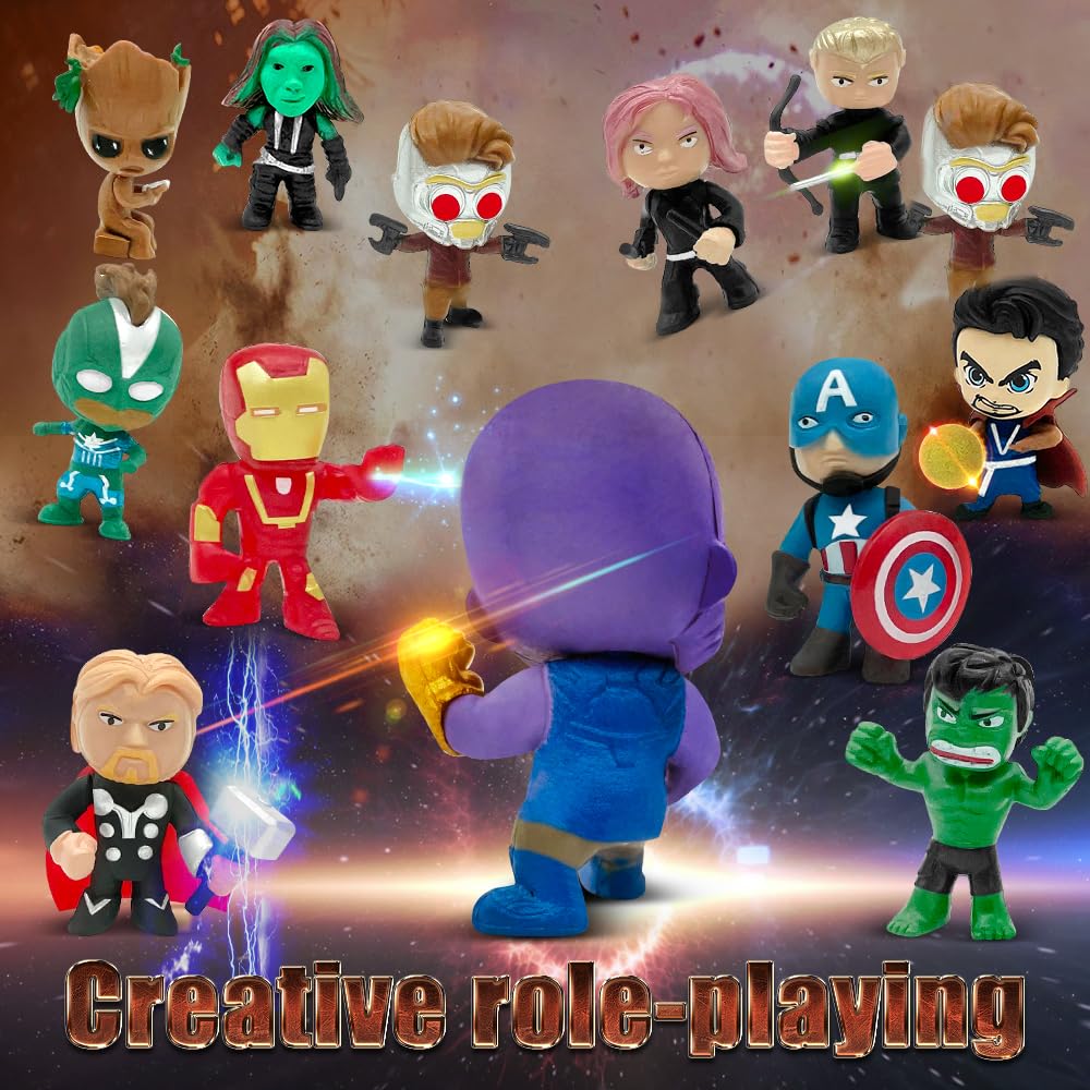 Display-ready arrangement of DLOCVN mini superhero figures for shelves or desks.