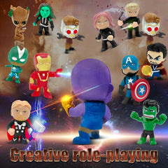 Display-ready arrangement of DLOCVN mini superhero figures for shelves or desks.