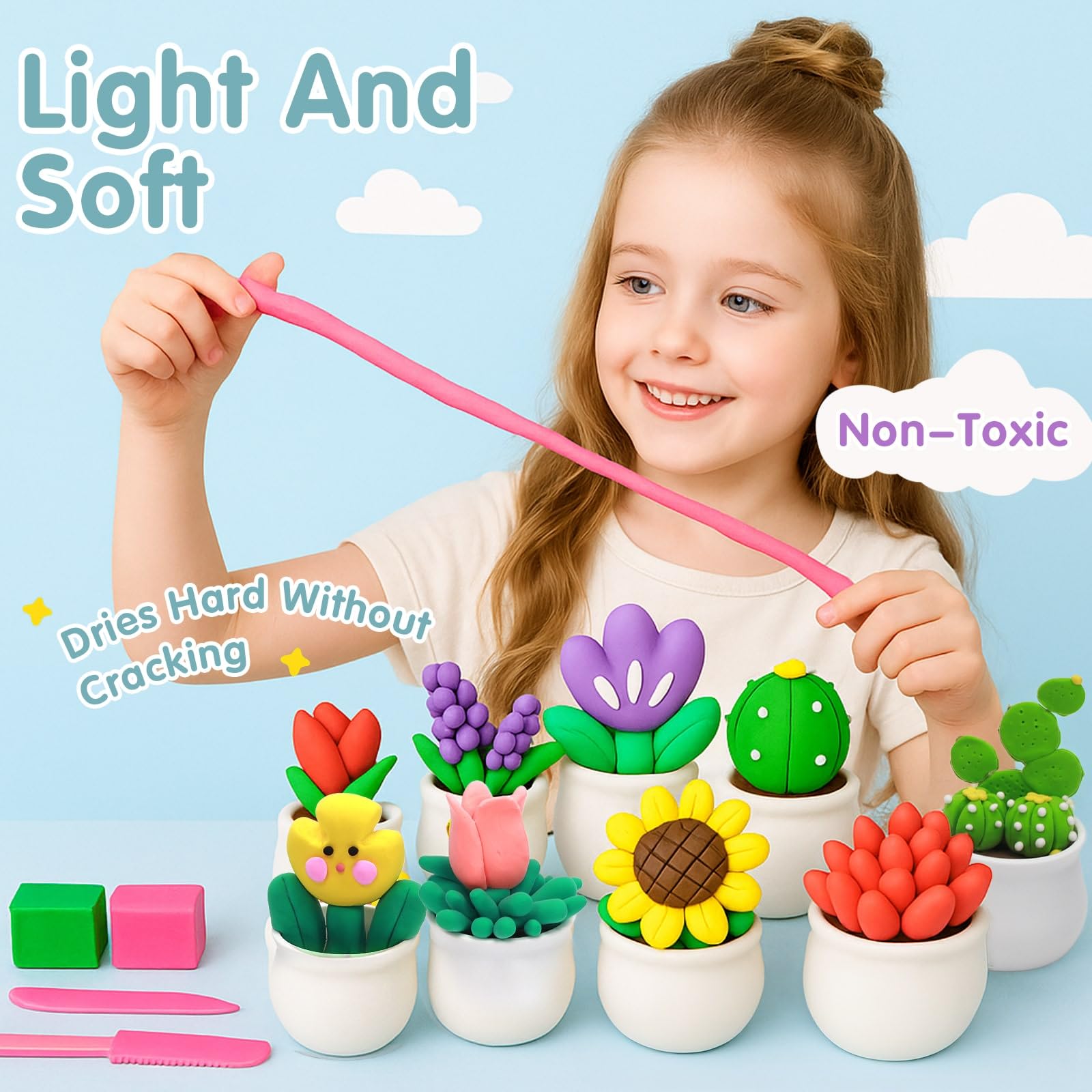 DMTXCRP sculpting tools enable detailed leaves and petals for young artists.