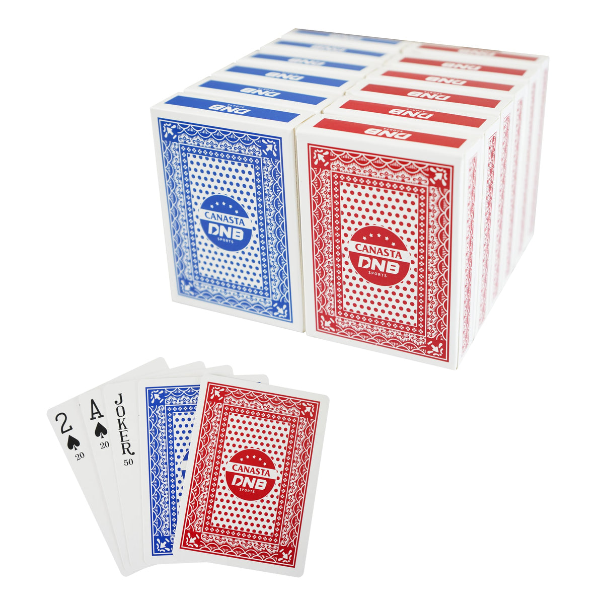 DNB SPORTS blue-back canasta decks show clear point values for quick scoring.