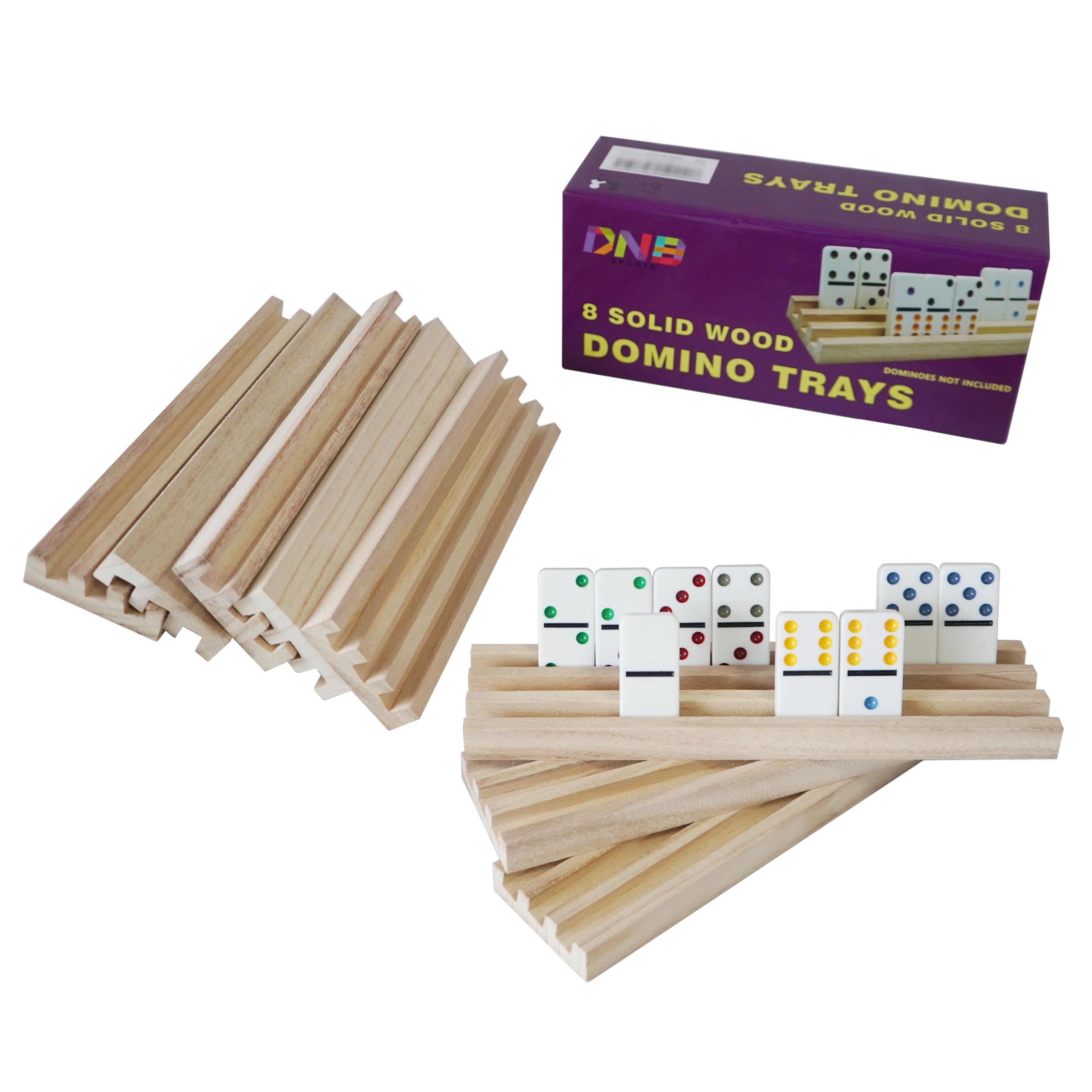 DNB Sports wooden domino rack side view showing organized dominoes within reach.