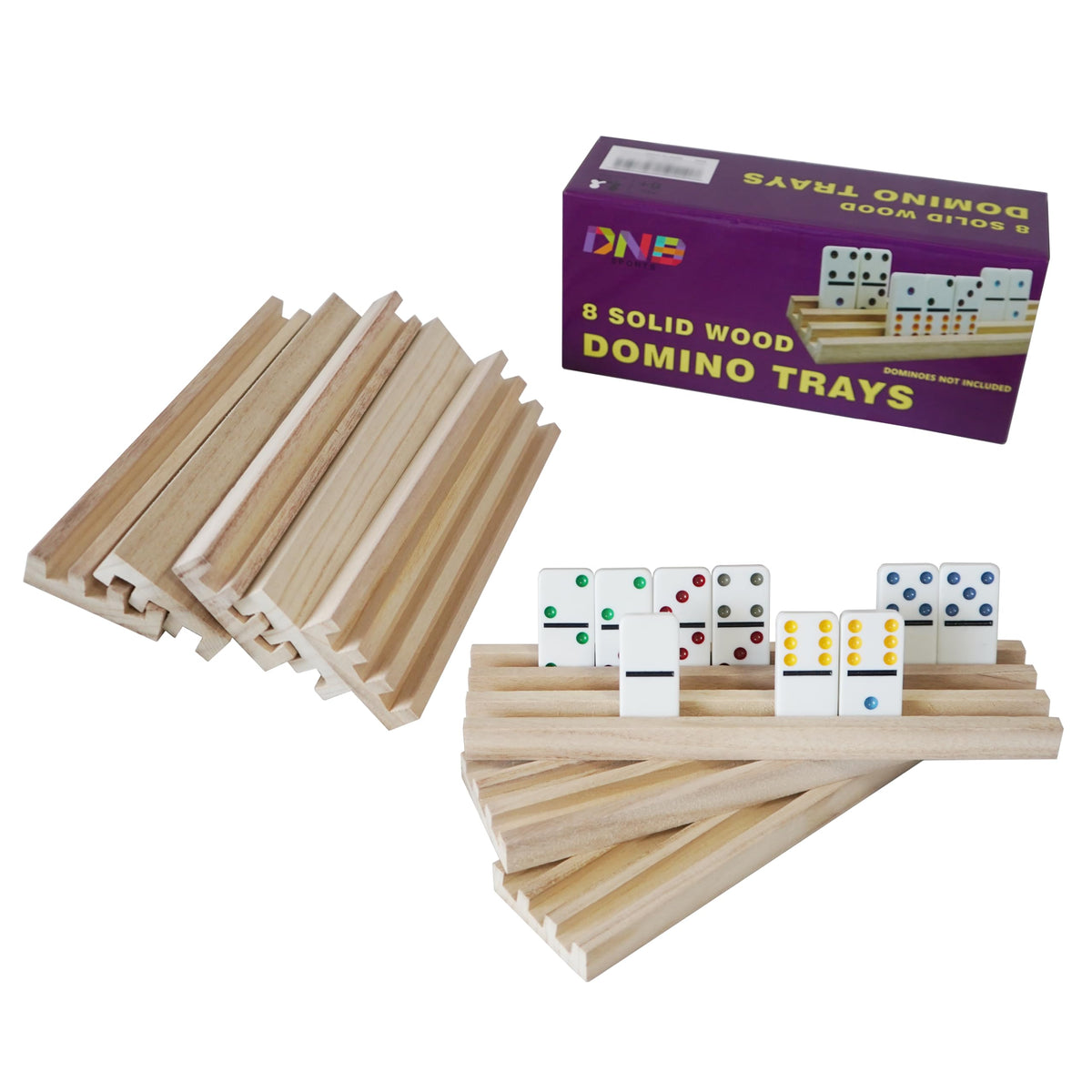 DNB Sports wooden domino rack side view showing organized dominoes within reach.