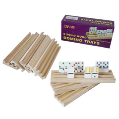 DNB Sports wooden domino rack side view showing organized dominoes within reach.