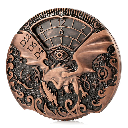 DNDND 7-in-1 copper spinner dice shown for fast RPG turns.