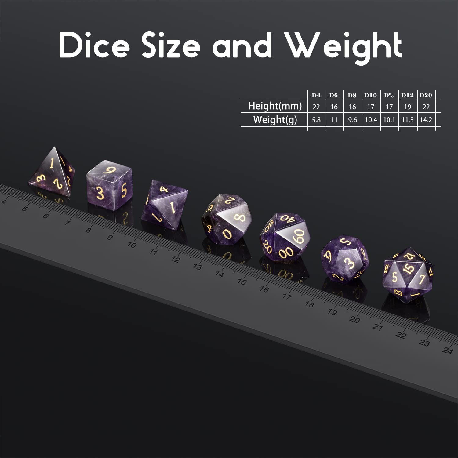 DNDND Amethyst D10 dice with engraved gold numbers for crisp readability