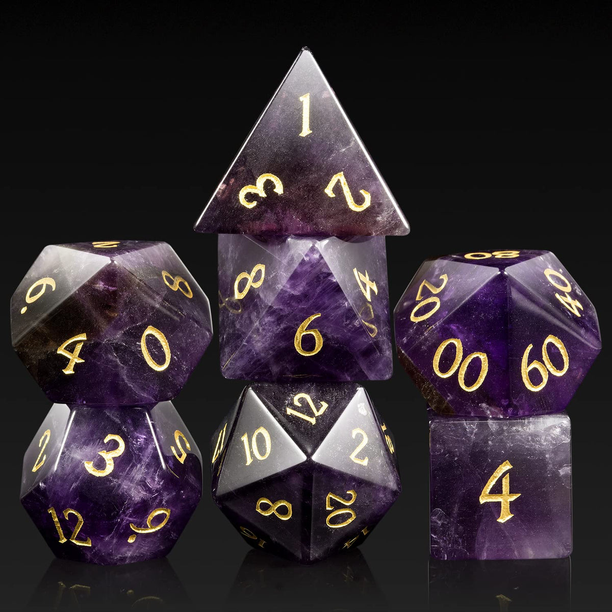 DNDND Amethyst D4 dice close-up with gold numbers for stylish tabletop play