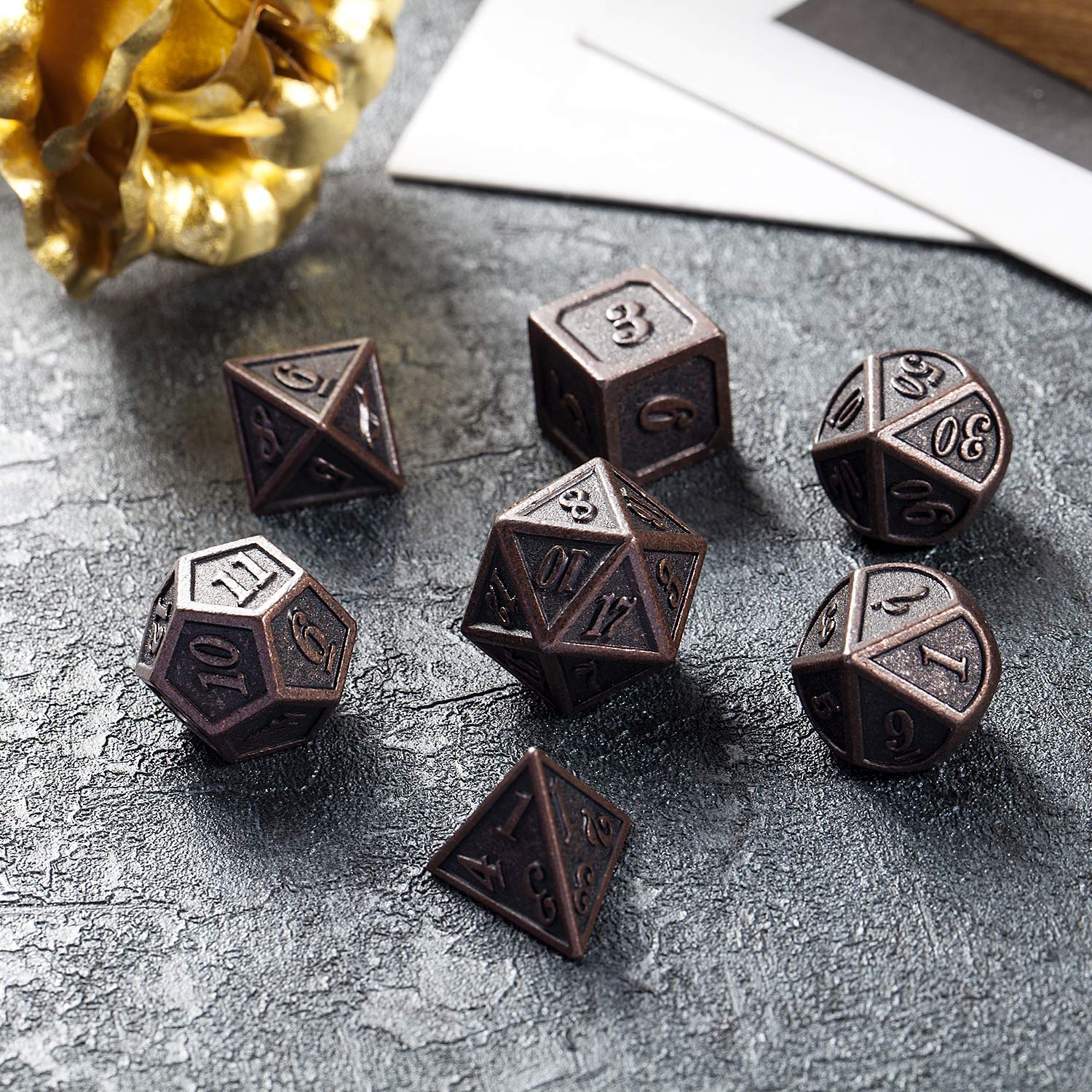 DNDND ancient-copper dice closeup, showing detailed finish and satisfying heft.