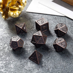 DNDND ancient-copper dice closeup, showing detailed finish and satisfying heft.