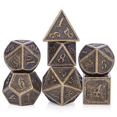 DnDnD ancient brass dice set on table for immersive RPG sessions.
