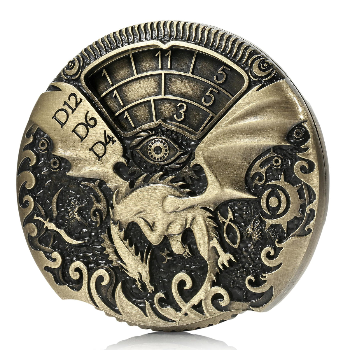 DNDND brass 7-in-1 spinner dice top view for epic tabletop sessions.