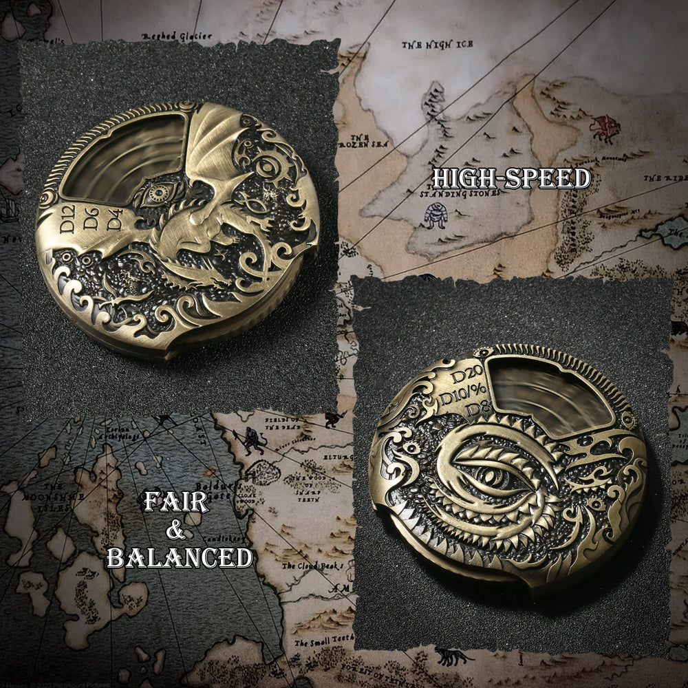 DNDND brass dice in use on a table for RPG sessions.