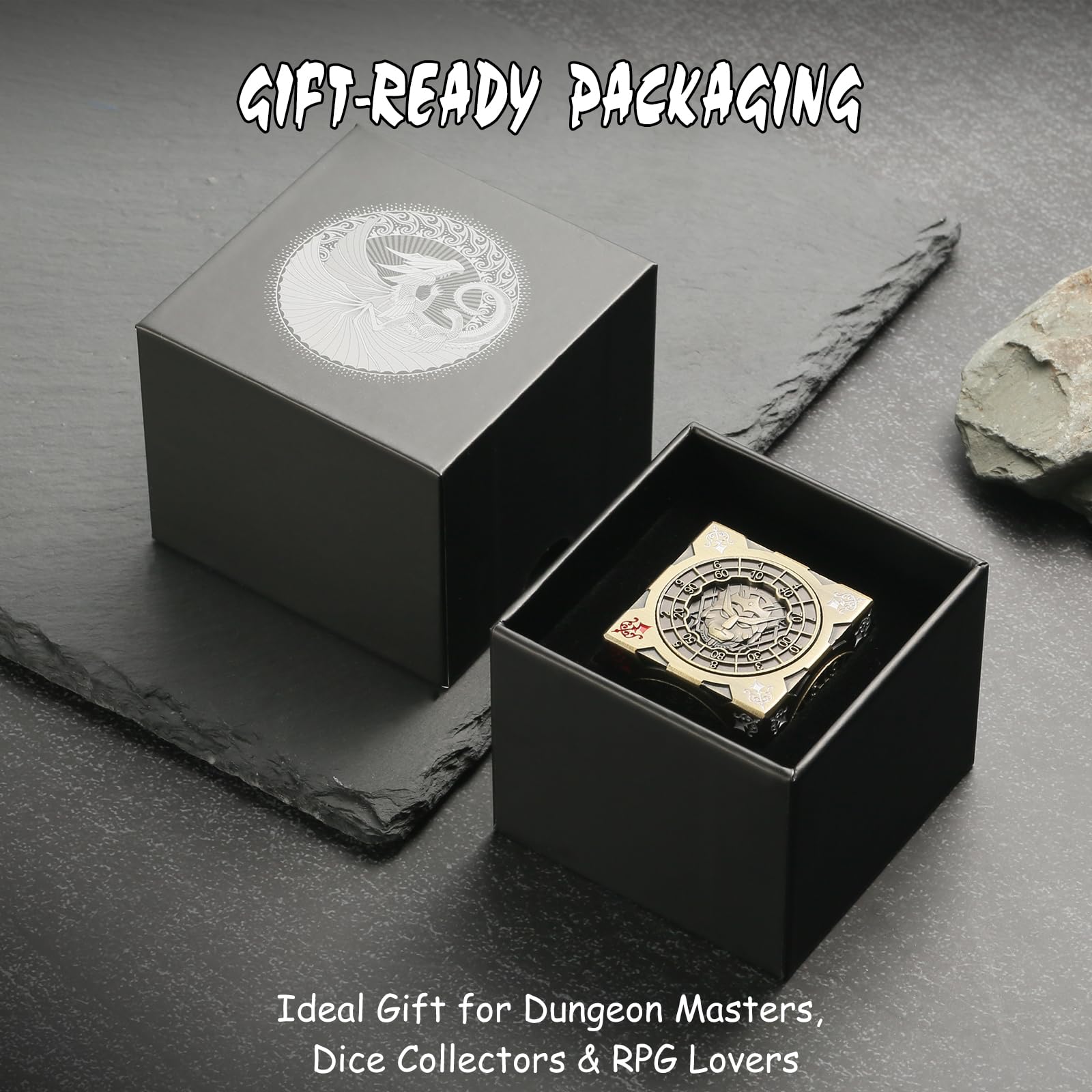 DNDND brass dice faces engraved with Chimera and monsters for collectible appeal.