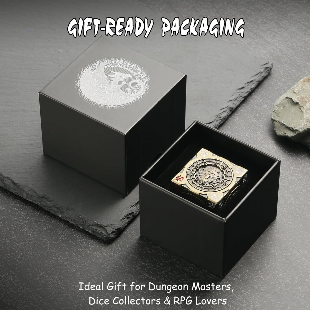 DNDND brass dice faces engraved with Chimera and monsters for collectible appeal.
